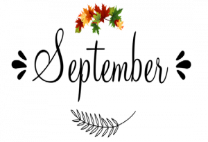 The word "September" in a pretty font, with coloured maple leaves above and a drawn fern frond below.