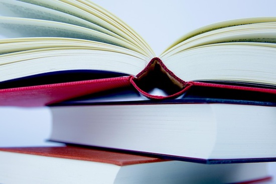 Image shows one hardcover book (red binding) balanced open on top of two other hardcover books (blue and orange bindings).