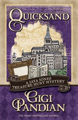 Book cover in purple and tan, featuring the title, Quicksand, and the author's name, Gigi Pandian. The main image is a hand-drawn village with what looks like a church and multi-storey buildings in an older style. There's also an empty picture frame and an open book with text and illustrations. 