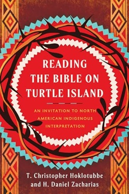 Colours of red, orange, brown, white. Circles including a crown of thorns surround the title "Reading the Bible on Turtle Island" Subtitle and authors' names are also featured on the cover.