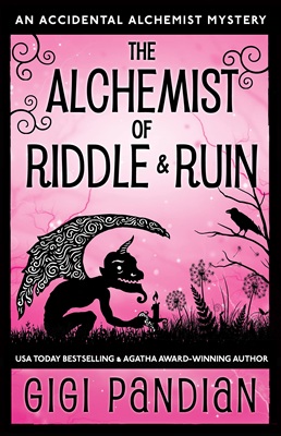A pink background framed by black border. Black cutout-type illustration of a crouched grinning gargoyle holding a candle, facing a crow on a thin tree. The book title fills the top of the image, with the author's information at the bottom.