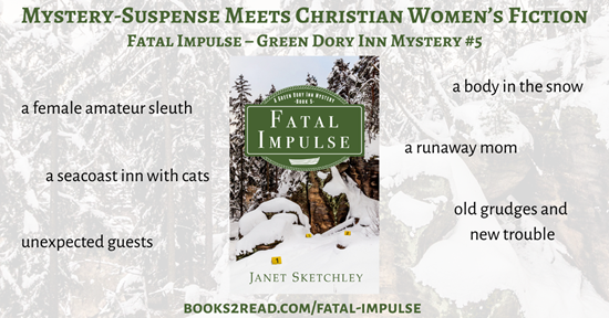 Infographic displaying the book cover for Fatal Impulse along with teaser text: a body in the snow, a female amateur sleuth, a runaway mom, a seacoast inn with cats, old grudges and new trouble, unexpected guests.