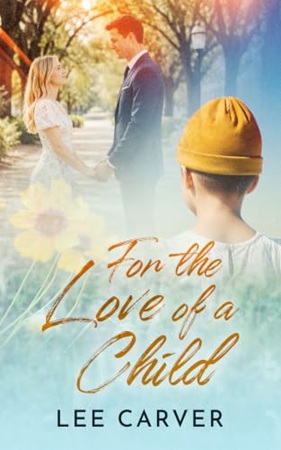 In the background, a couple hold hands and gaze at one another on a tree-lined street with a golden glow. In the foreground stands a child watching them. From behind, we see the child's close-cut hair and white hospital gown and a knitted hat like one to protect a cancer patient's head.