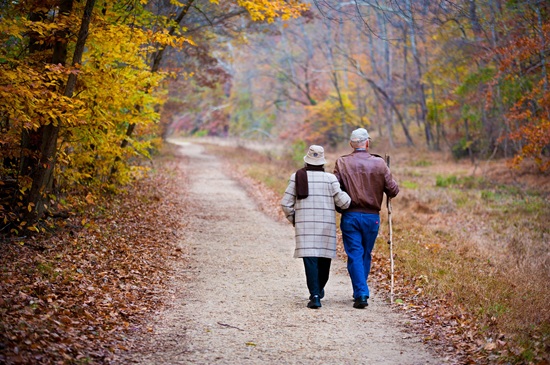 Arm in arm, a couple walk along a wide path amid fallen leaves. Trees frame the photo, in full autumn colours of yellow, gold, and red.